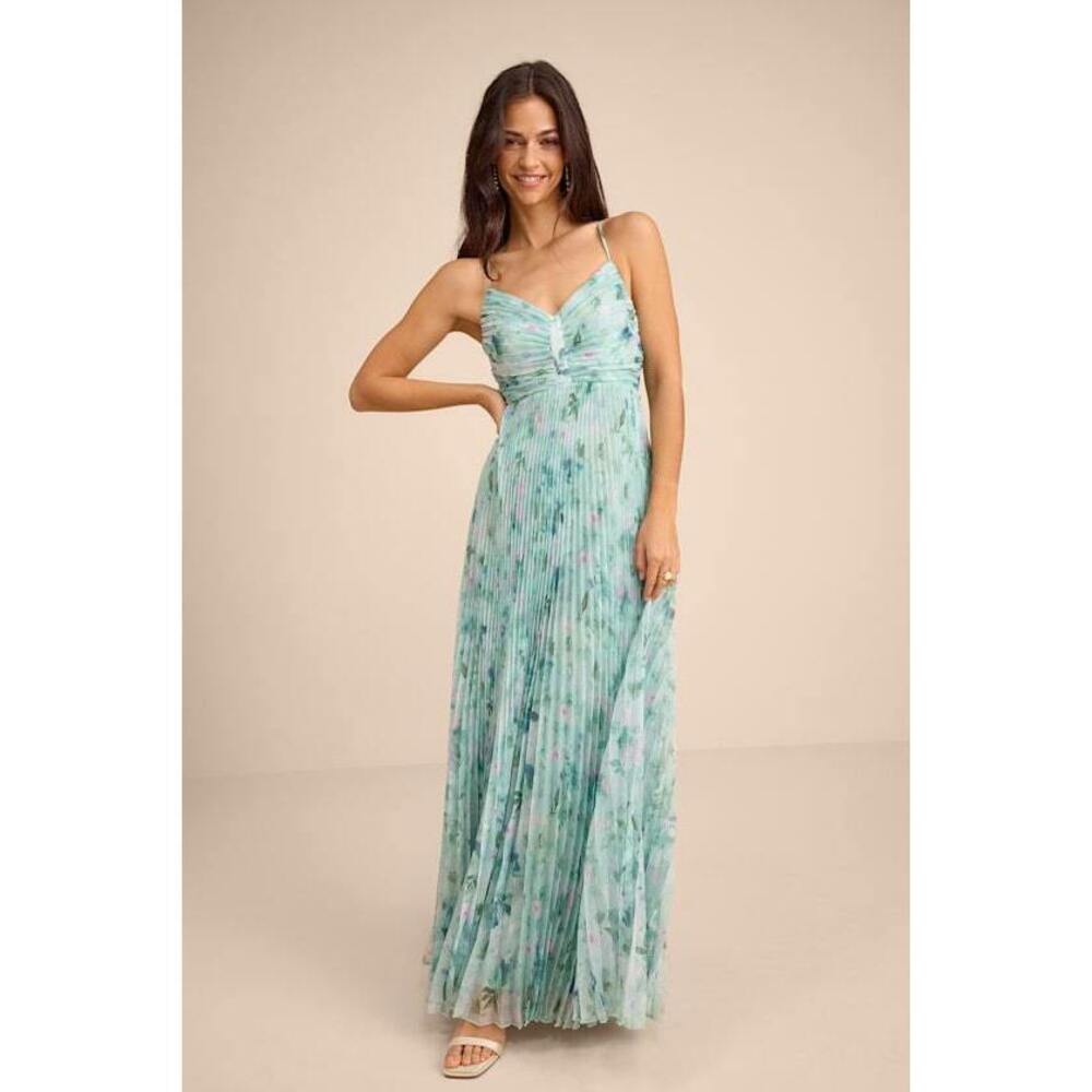Lulus Whitley Mint Green Floral Pleated Sleeveless Maxi Dress Gold - Size XS